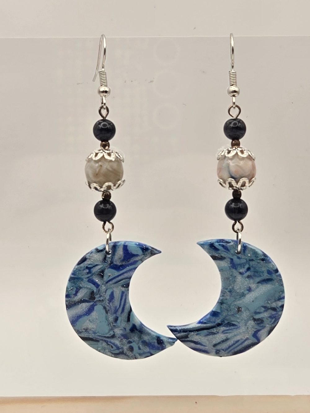 Blue Crescent Moon Dangle Earrings with Agate Bead Accents